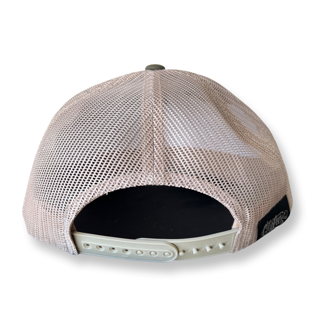 Green/Cream Trucker Snapback, Wooden Face Mesh Back - Pace-Of-One