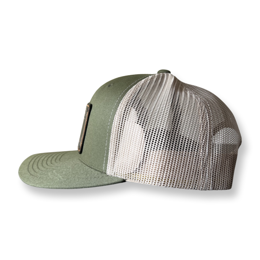 Green/Cream Trucker Snapback, Wooden Face Mesh Back - Pace-Of-One